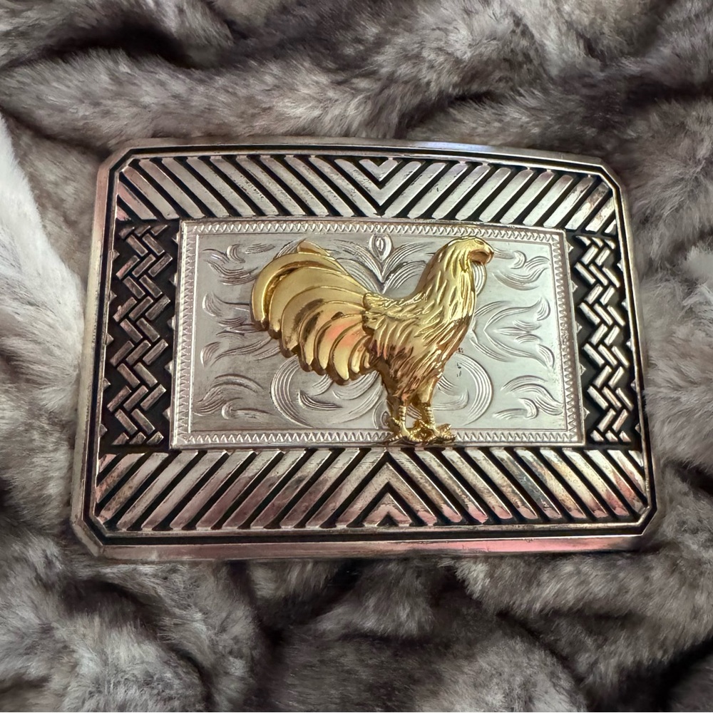 Silver with Golden Rooster Square Belt Buckle
